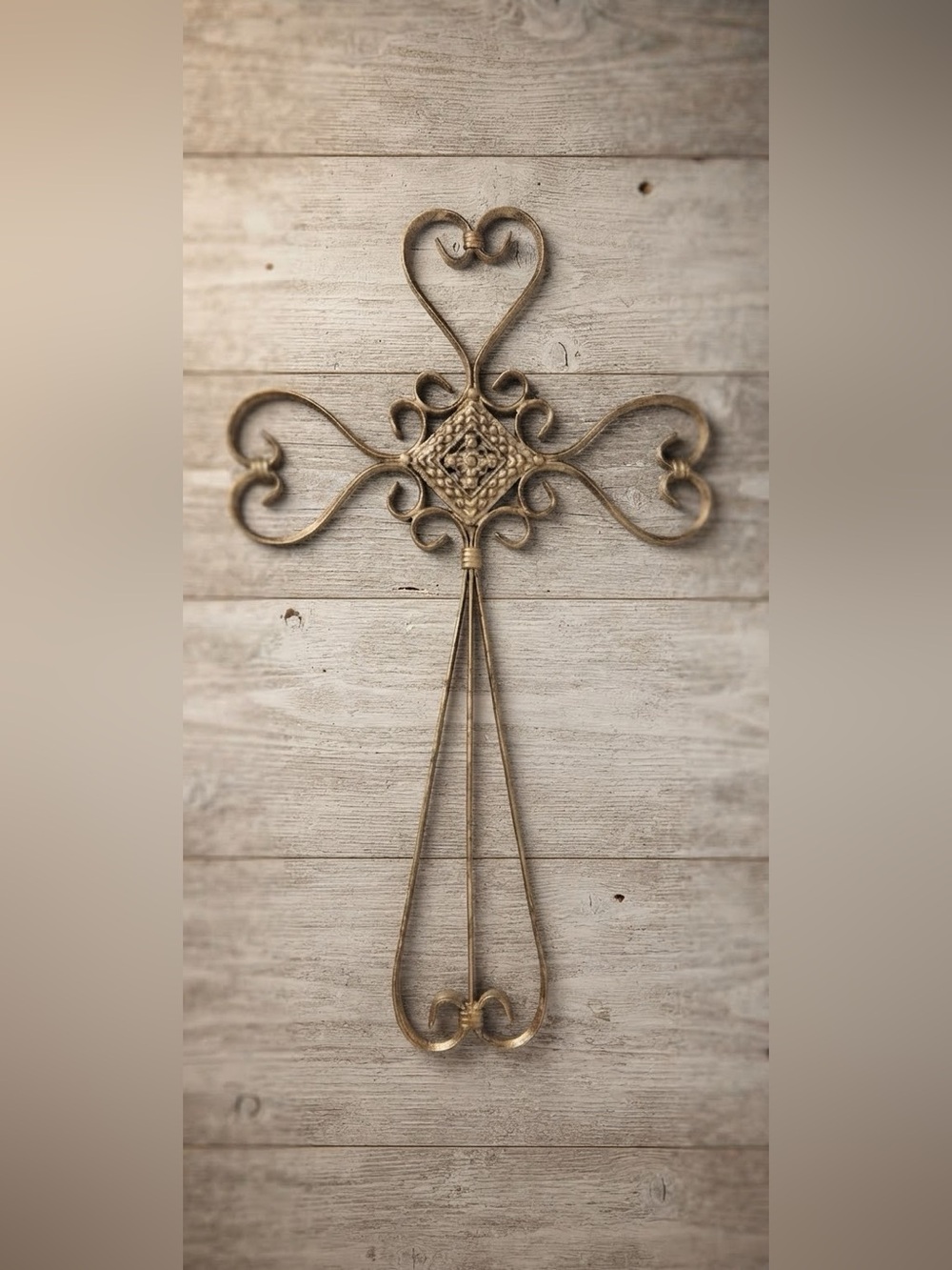 Decorative Gold Metal Wall Cross with Heart Motif